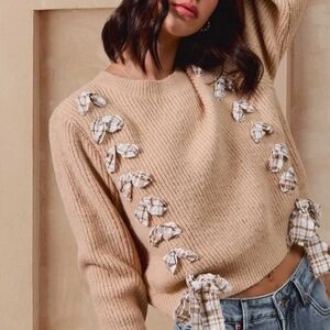 So Me Tan Crewneck Sweater with Plaid Bow Trim
